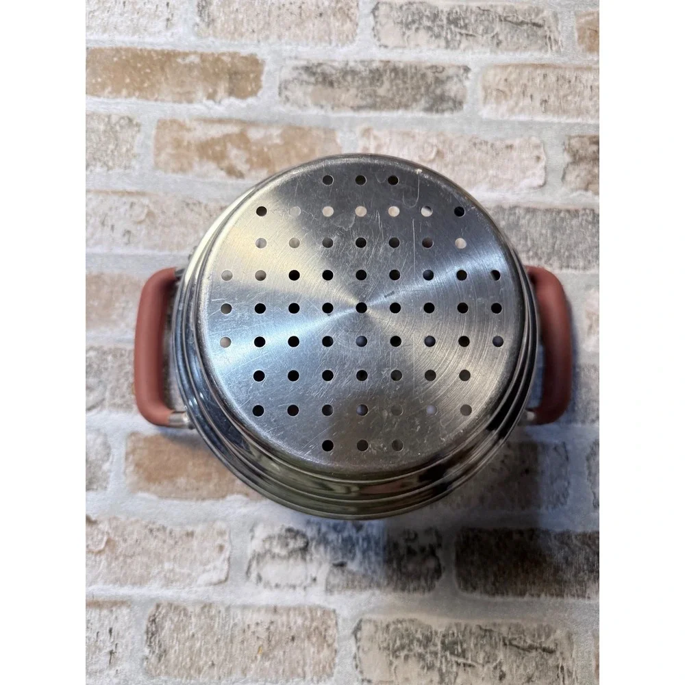 Stainless Steel Universal Steamer Basket Insert Pink Silicone Handle Tiered Base